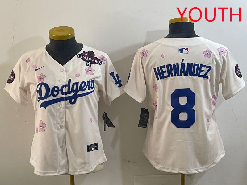 Youth Los Angeles Dodgers 8 Hernandez Cream Sakura Edition 2025 Nike MLB Jersey style 3